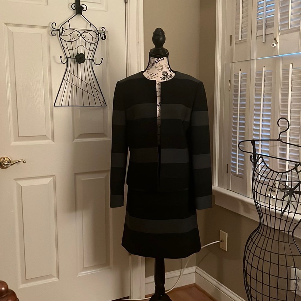 Tahari Black and Charcoal Striped Jacket & Skirt Set